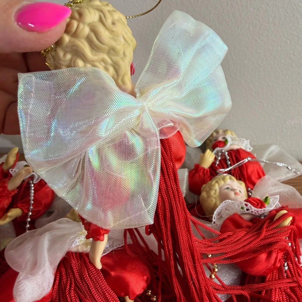 Vintage Set of 9 Porcelain Head Angel Tassel Christmas Ornaments Red Victorian